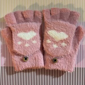 Pink and White Cozy Fingerless Gloves with Paw Print